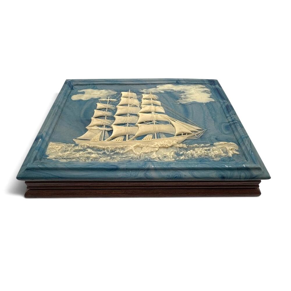 Vintage Dante Incolay Style Ship Jewelry Box Blue Mahogany Nautical Valet Box